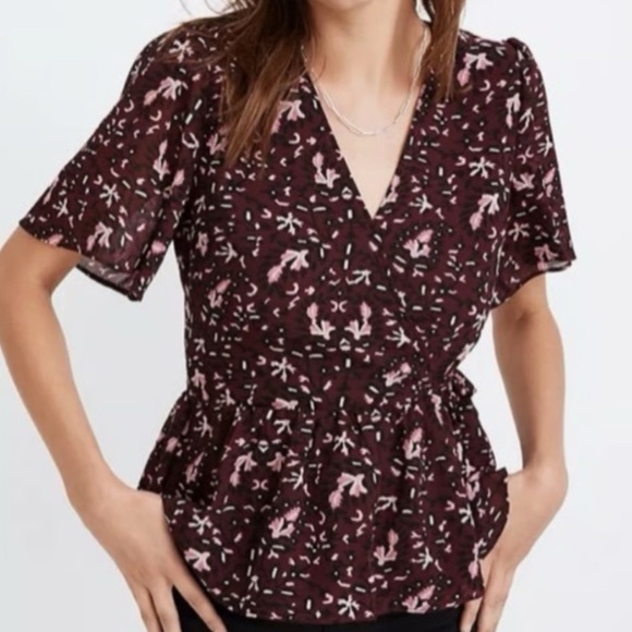 Madewell Floral Print Wrap Burgundy, Pink and Black Women’s Blouse Size S - Picture 1 of 16